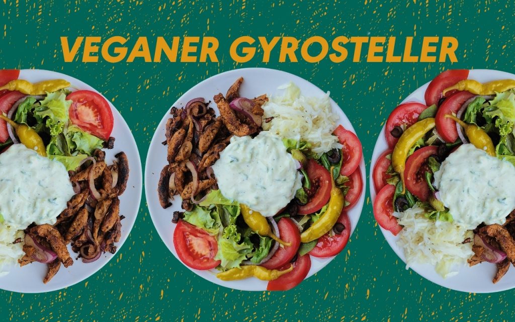 Veganer Gyrosteller mit Tomate Peperoni, Tzaziki, schwarzen Oliven, Krautsalat