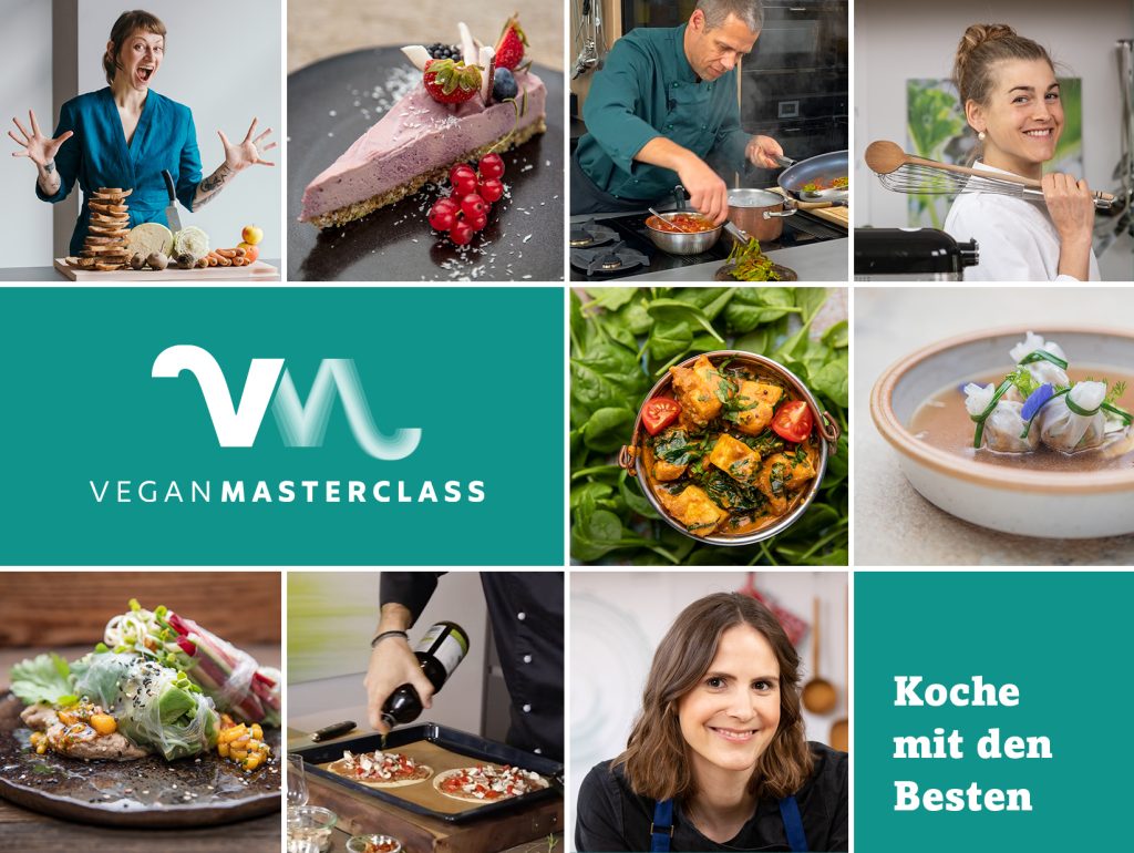 Vegan Masterclass Beitragsbild: Collage von Köch:innen und Speisen aus der Vegan Masterclass, Logo und Schriftzug "Koche mit den Besten!"